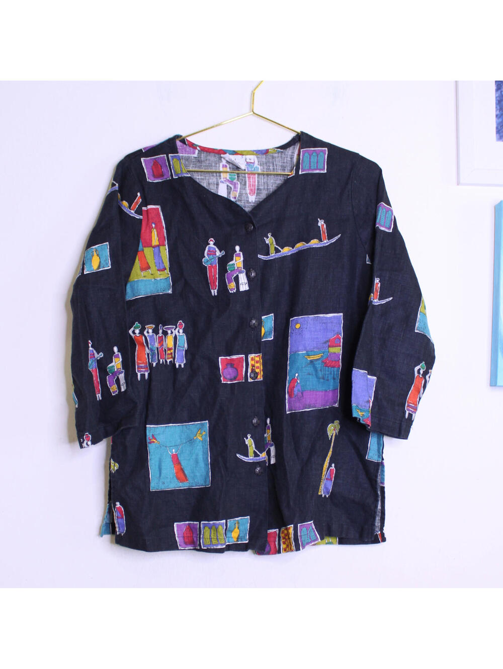 VTG Black Island Motif Linen Button Down Shirt - Small